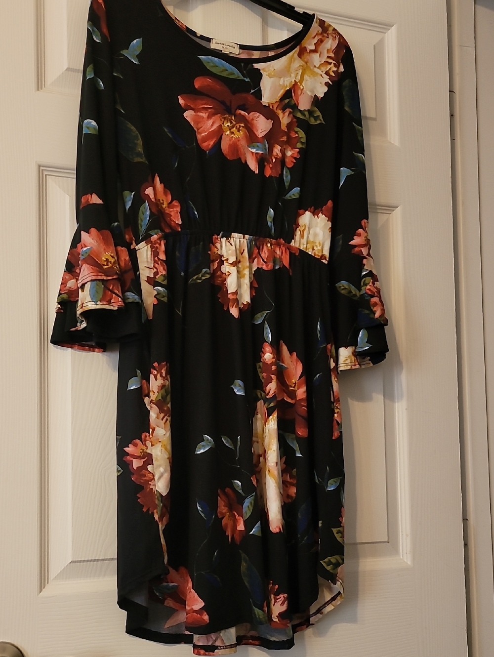 Black Floral Midi Dress with Ruffle Sleeves by Unknown Brand